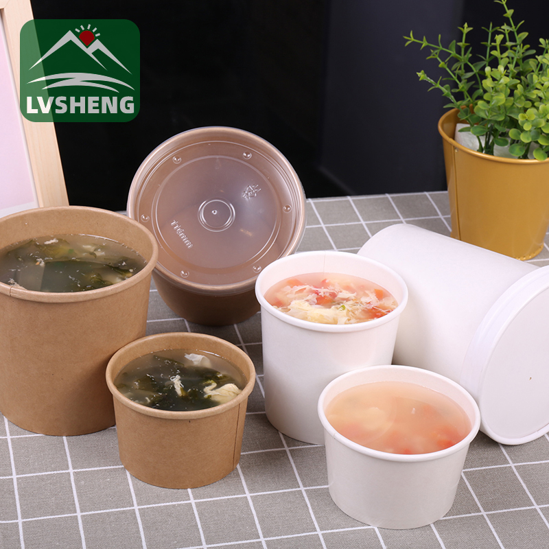 L'imballaggio in carta Lvsheng lancia una ciotola per zuppa di carta kraft compostabile al 100% con coperchio